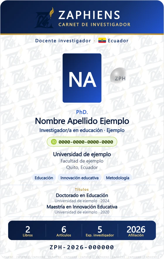 Anverso del carnet de ejemplo: foto, nombre, ORCID, afiliación, títulos y producción